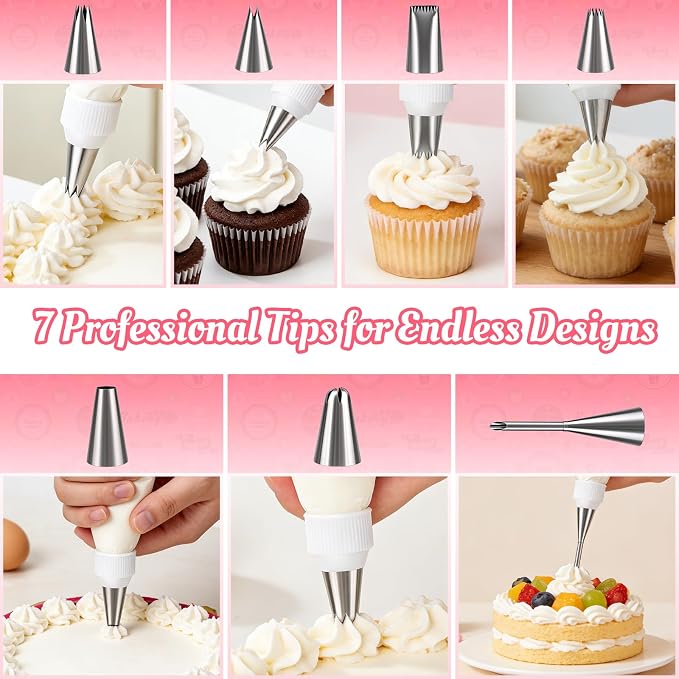 Cleangor Piping Bags and Tips Set, 16 Inch 114 Pcs Cake Decorating Kit | with 100 Disposable Icing Bags, 2 Reusable Pastry Bags, 7 Stainless Steel Frosting Tips, 2 Couplers, 2 Bag Ties and 1 Brush