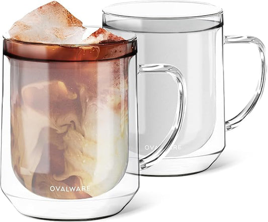 ovalware 500ml Double Wall Glass Coffee Mugs, Single Lip Mugs Made of Durable Borosilicate Glass, Insulated Coffee Mug with Handle for Hot and Cold Drinks - Frost White