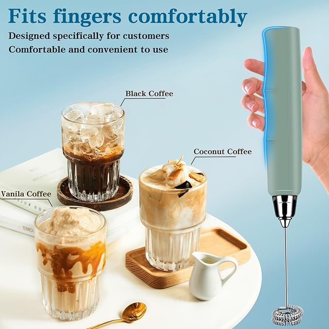 BSRGMS Milk Frother Handheld for Coffee, Electric Whisk 3 Speed Adjustable, Drink Mixer with Stainless 3 Whisks, Rechargeable Hand Frother Wand, Foam Maker for Latte Cappuccino Hot Chocolate Egg Green