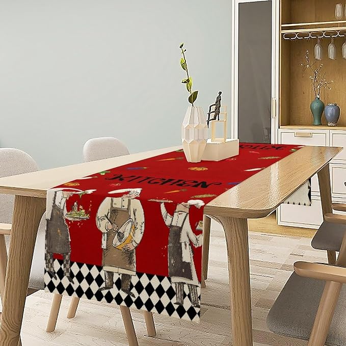 Chef Kitchen Table Runner, Red Simple Natural Vintage Plaid Country Quirky Chef Fruit Vegetable Pumpkin Corn Chilli Table Decor Table Top Dining Kitchen Wedding Party 13x90 in