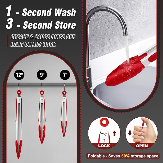 Walfos Kitchen Tongs - 7" 9" and 12" Heat Resistant Cooking Tongs, Stainless Steel and BPA Free Silicone Tips, Great for Cooking, Salad, Grilling, Turning, Dishwasher safe,set of 3