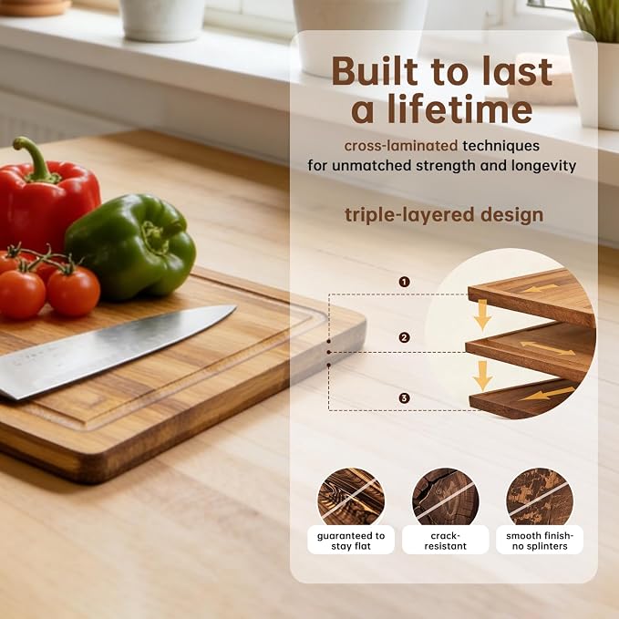3 Pack Bamboo Cutting Boards Set for Kitchen, Chopping Boards with Deep Juice Groove, Thick Wooden Cutting Board for Meat, Vegetables & BBQ Prep
