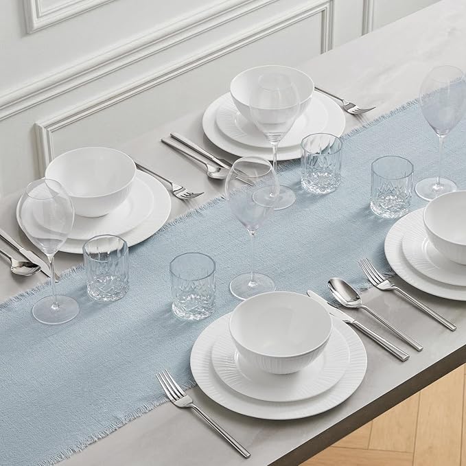 KINGSTONE 14 x 108 Inches Frayed Edge Table Runner, 270G Heavyweight Sand Washed Slub Texture Cotton Linen for Modern Farmhouse, Rustic Home Decorations Dining Room Wedding Boho Decor, Light Blue