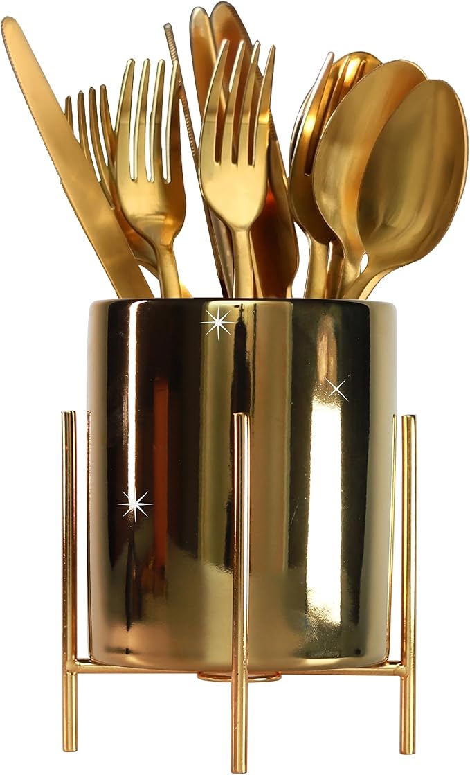Sturdy Cutlery Holder Gold Ceramic With Metal Bracket Robust Silverware Caddy For Countertop