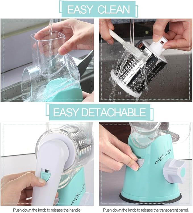 Cambom Rotary Cheese Grater Hand Crank Cheese Shredder for Fresh Cheese, Vegetable, Nuts,Non-slip Suction Base，Three Blades,Blue