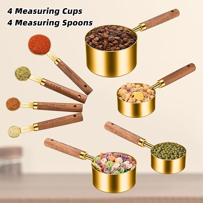Wooden Handle Measuring Cups & Spoons Set 8-Piece – Stainless Steel, Stackable, Rustic Farmhouse Kitchen Gadgets, Non-Toxic, Dishwasher Safe, Gift for Bakers & New Homeowners