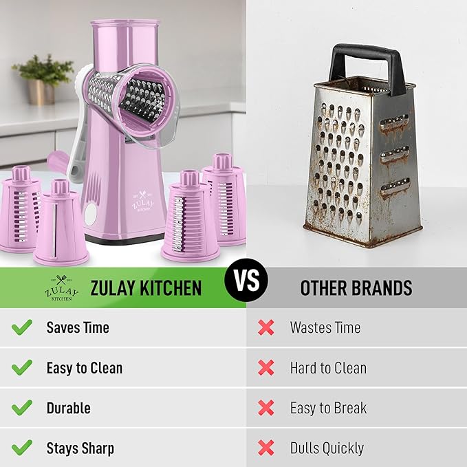 Zulay Kitchen Rotary Cheese Grater 5 Blade Cheese Shredder - Manual Hand Crank Cheese Grater With Reinforced Suction & 5 Interchangeable Drums - Easy to Use, Vegetable Chopper Round Mandoline Slicer