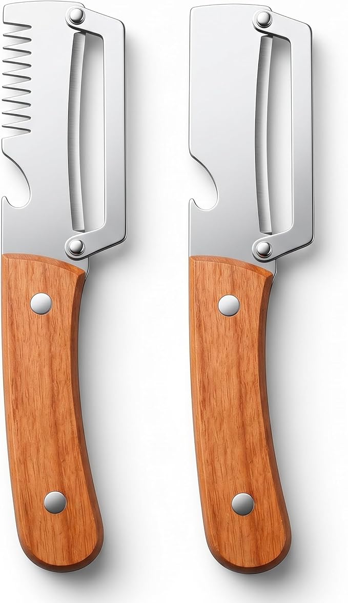 WesGen 2Pcs Multifunctional Vegetable Peeler with Wooden Handle, Odorless Stainless Steel Peeler, 2-in-1 and 3-in-1 Kitchen Tool with Scallion Shredder and Bottle Opener for Home Cooking