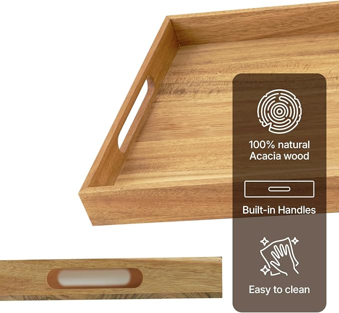 Koppen Acacia Wood Serving Tray with Handles, 17" x 13.86", Large Wooden Platter for Breakfast, Ottoman Tray for Party, Snacks, Fruit, Coffee Table, Living Room, Sofa, Bed, Outdoor