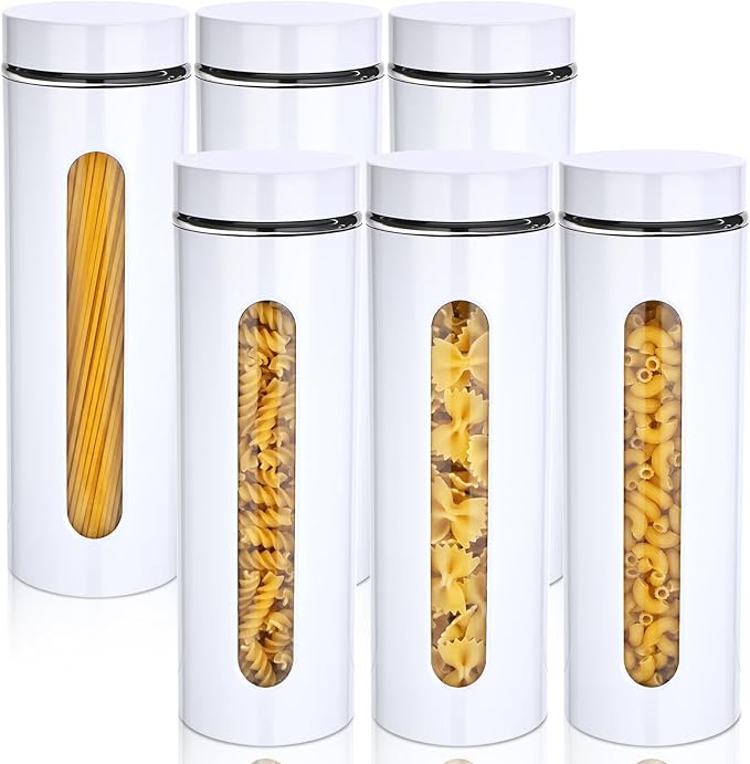 Mimorou 6 Pack Kitchen Canisters Set Airtight Coffee Sugar Tea Storage Jars with Window Glass Stainless Steel Containers with Lids for Flour Cookies Spices Grains Kitchen Decorations(White,60 oz)