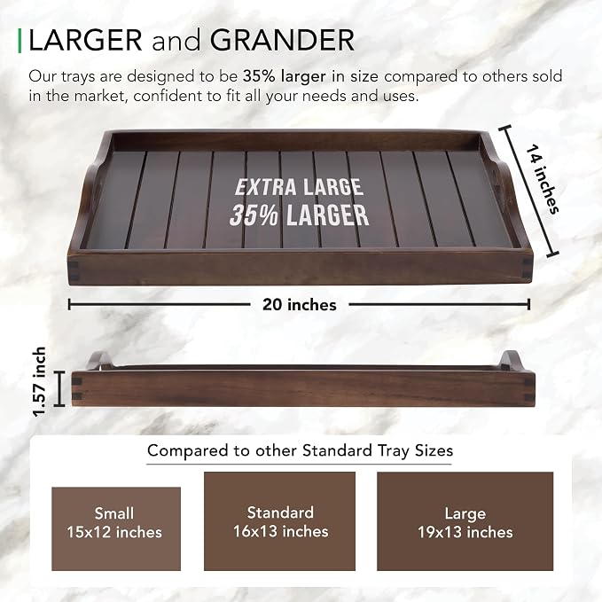 Large Acacia Wooden Serving Tray with Handles 20 x 14 inch Decorative Coffee Table Ottoman Tray for Living Room Extra Large for Kitchen Dinner Food Bar Breakfast in Bed (Dark Brown)
