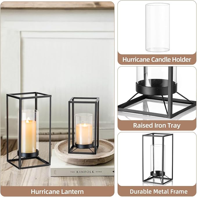 Black Lantern Decorative Indoor Set of 2: Glass Metal Hurricane Candle Holder Modern Farmhouse Lanterns Decor Outdoor for Table Centerpiece Fireplace Wedding