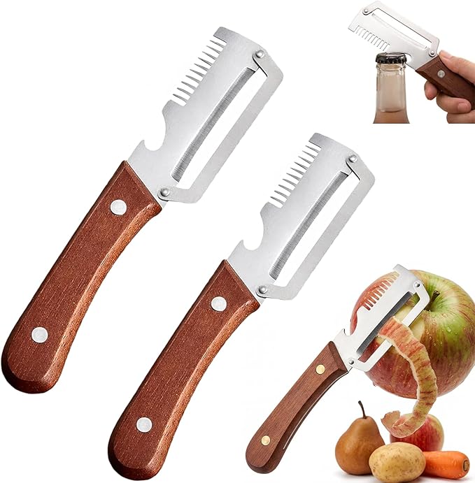 Vegetable Peeler with Bottle Opener - 2PCS Veggie Peeler with Wooden Handle, Multifunctional Potato Peeler with Scallion Shredder, Fruit Peeler for Kitchen, Camping, Travel