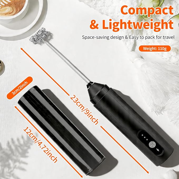 TonJin Rechargeable Milk Frother Handheld with Travel Cover, 3-Speed Adjustable Electric Whisk for Coffee, Latte, Cappuccino, Matcha, Powerful Dual Coil Foam Maker, USB-C Charging Drink Mixer Wand