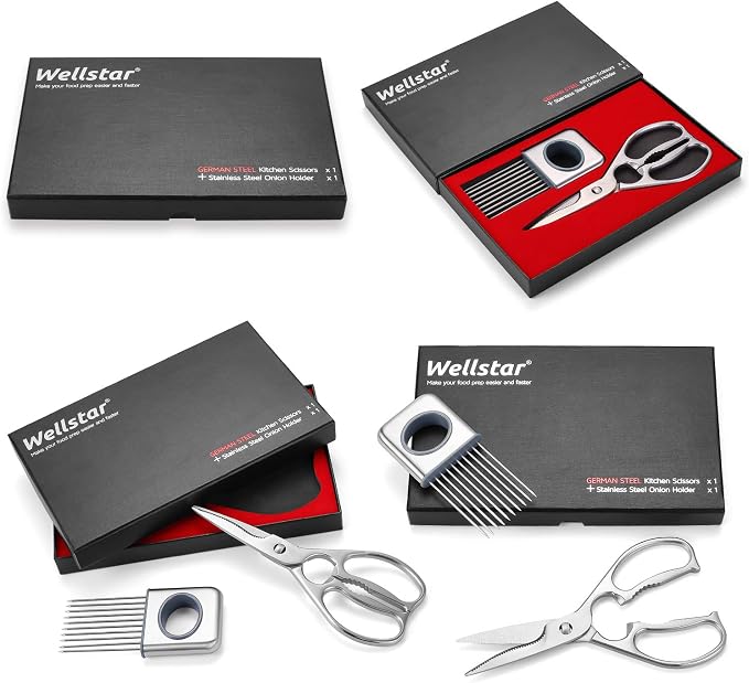 Multipurpose Kitchen Shears by WELLSTAR, Come Apart Heavy Duty German Stainless Steel Food Scissors for Cutting Meat Poultry Chicken Vegetable, Plus Handy Onion Slicing Holder, Gift Box Pack
