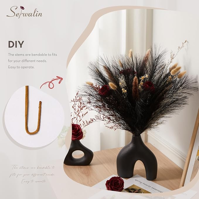 Serwalin 60Pcs Black Pampas Grass Decor, 17.7'' Faux Pampas Grass, Fluffy Short Artificial Pompous Grass for Gothic Room Decoration, Wedding, Party, Halloween and Home Decor