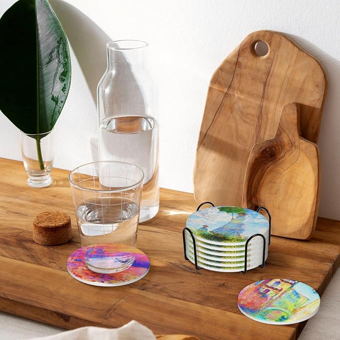 Monet Impression Sunrise Drinks Absorbent Coasters with Holder Set of 6, Coffee Table Decor, Ceramic Stone Coaster with Cork Base Tabletop Protection Mat for Mugs and Cups,Office,Kitchen