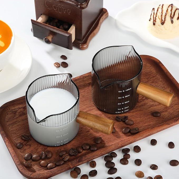 2 Pcs Double Spouts Measuring Espresso Cups Shot Glasses with Wood Handle 4 oz Dual Scale V-shaped Mouth Measuring Glasses Demitasse Cups Ribbed Milk Frothing Pitcher for Coffee Bar