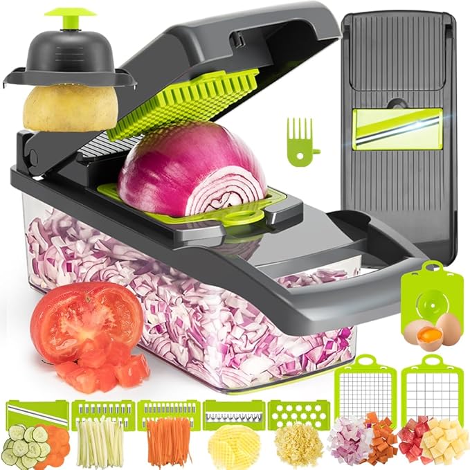 KEOUKE Vegetable Chopper Mandoline Slicer Grey - 12 in 1 Interchangeable Blades Food Chopper with Container, Hand Guard & Drainer, Veggie Dicer Kitchen Gadget for Onion, Cucumber, Tomato, Fruit