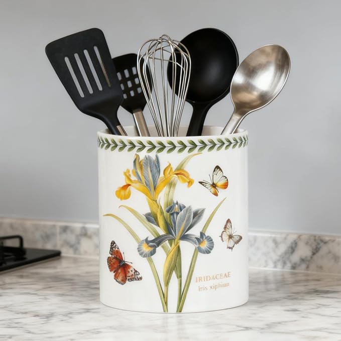 Floral Kitchen Utensil Holder, 7.1 Inch Large Ceramic Crock, Sunflower Pattern, White Kitchen Counter Organizer (iris)