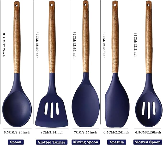 Non-Stick Silicone Kitchen Utensils Set with Natural Acacia Hard Wood Handle, 5 Piece, Midnight Blue, BPA Free, Baking & Serving Silicone Cooking Utensils