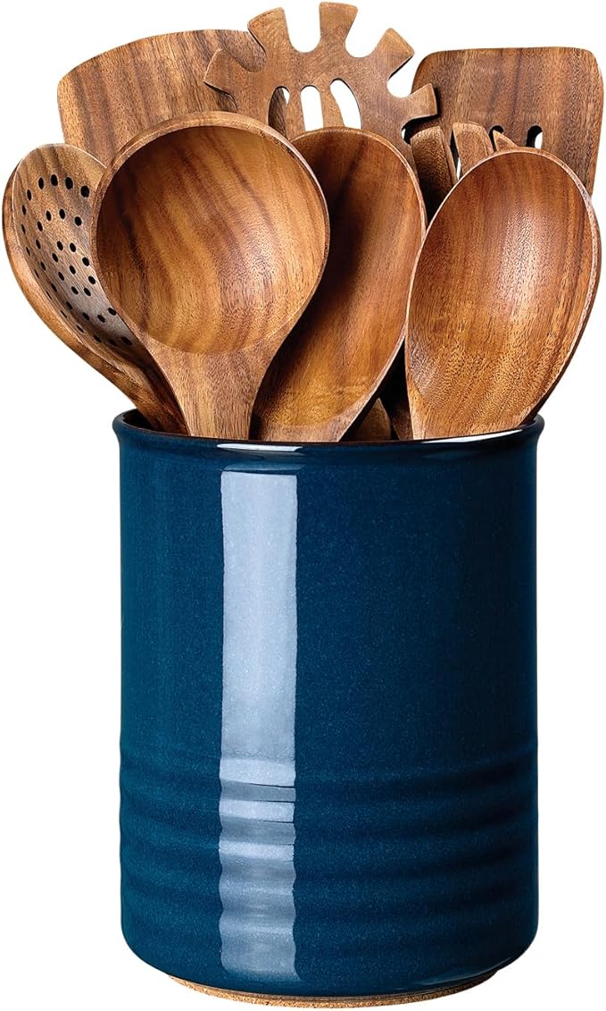 ABRUTY Utensil Holder, 6.7" Ceramic Kitchen Utensil Crock for Countertop Cooking, Modern Utensil Caddy Jar Organizer for Farmhouse Kitchen Counter Décor, Flambe Blue