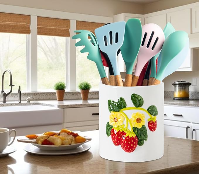 dgudgu Strawberry Kitchen Utensil Holder for Countertop Ceramic Utensil Crock for Kitchen Counter with Carved Strawberry Vine Design White Farmhouse Counter top Organizer for Spoons,Spatulas (yellow)