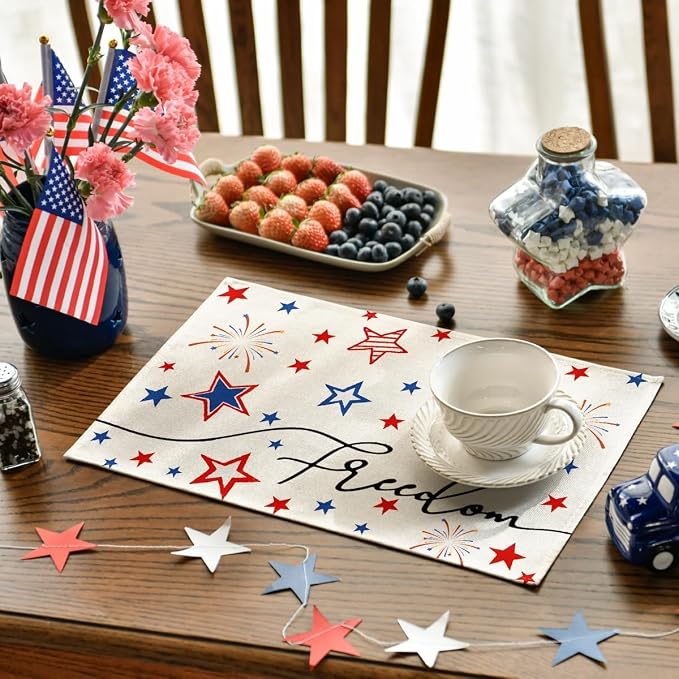 Niviy 250th Anniversary USA Placemats, Red Blue Stars Fireworks Patriotic Placemats Set of 6, 12x18 Inch Memorial Day Independence Day Table Mats for Holiday Party Kitchen Dining Room Decoration