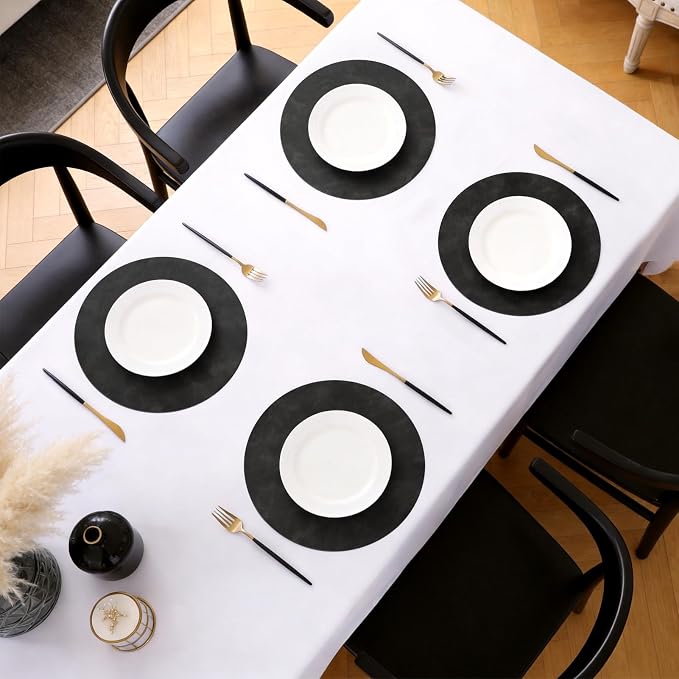 MOSAYT 13 Inch Round Vinyl Placemats Set of 4 - Faux Leather 100% Waterproof Oil-Proof Wipeable PU Place Mats, Heat Resistant Reversible Table Mats for Kitchen, Dining, Outdoor, Black