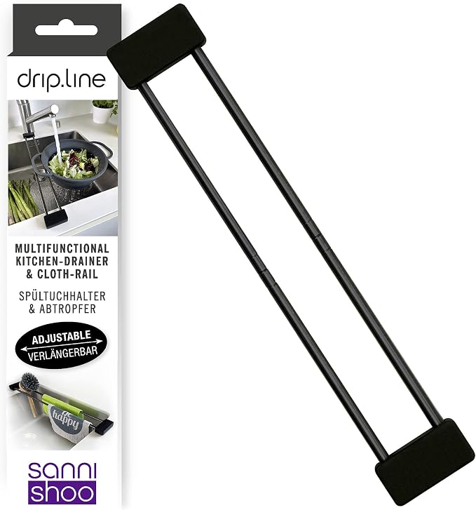 Sanni Shoo drip.line Pure drip Tray/Rack, Practical, Multifunctional Kitchen Rack for Storing dishcloths and Brushes, drip Drying Bottles, extendable, Heat-Resistant (Black Steel Edition, Pure)