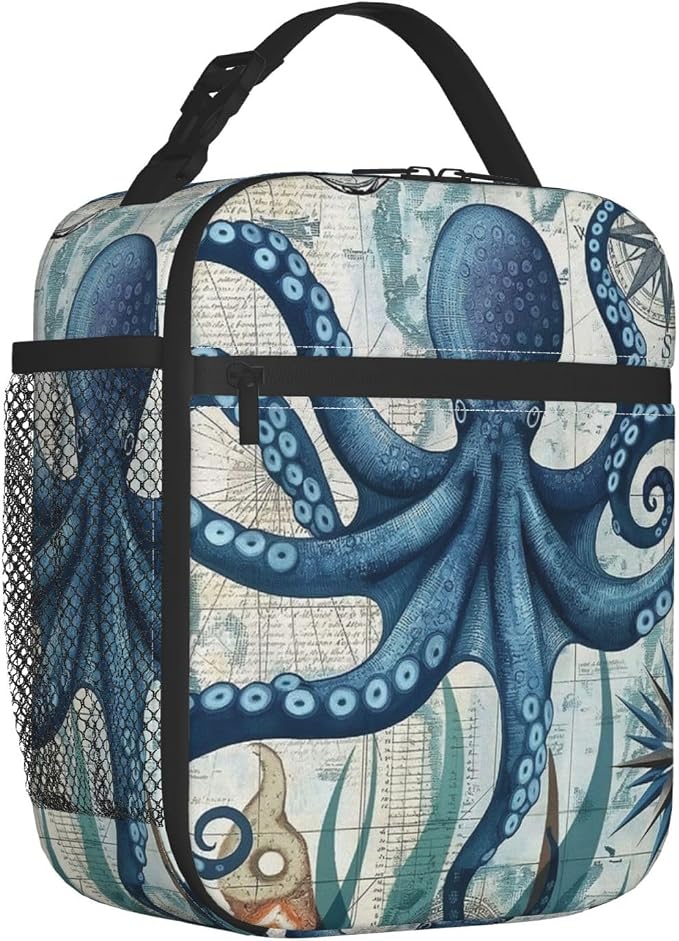 Octopus Lunch Box for Adults Women Girls Boys Kids Nautical Coastal Lunch Box Insulated Cooler Reusable Lunch Bag Container Gifts for Work Office Picnic Travel School