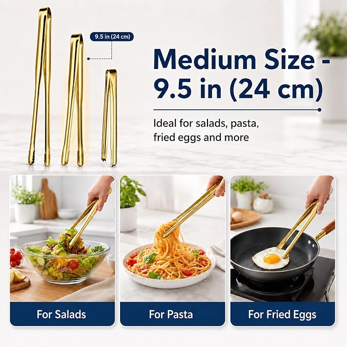 Kitchen Tongs Set of 3 with Storage Case, 304 Stainless Steel Cooking Tongs, 11.5”, 9.5” & 6” Serrated Non-Slip Tips for Grilling, Frying, Salad, Pasta, Ice Cubes (Gold)