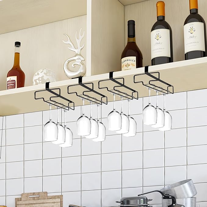 4 Pcs 10 Inch Wine Glass Rack Under Shelf, Stemware Holder for Bar, Kitchen, Pub (Black)