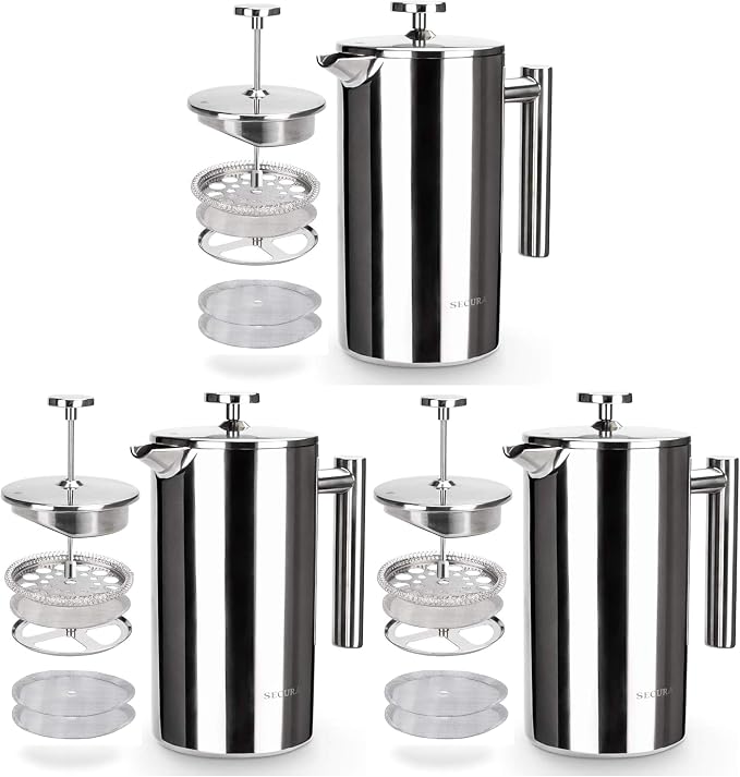 Secura French Press Coffee Maker, 304 Grade Stainless Steel Insulated Coffee Press with 2 Extra Screens, 34oz (1 Litre), Silver (Pack of 3)