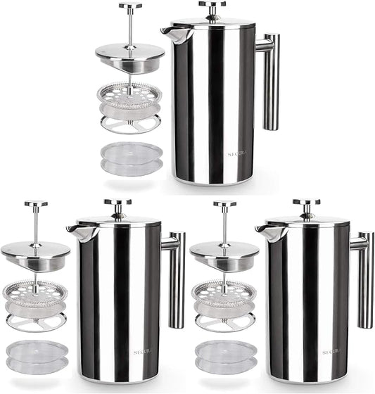 Secura French Press Coffee Maker, 304 Grade Stainless Steel Insulated Coffee Press with 2 Extra Screens, 34oz (1 Litre), Silver (Pack of 3)