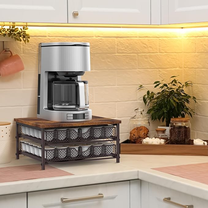 SHINOSKE K Cup Holder,2-Tier Coffee Pod Drawer Holder with Sliding Metal Basket,72 Capacity Coffee Capsule Pod Storage Organizer for Home office,Kitchen Counter,Brown