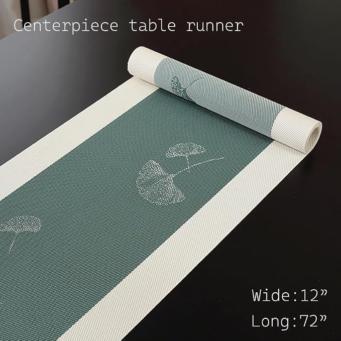 PIGCHCY Elegant Placemats with Matching Table Runner,Washable Durable Plastic Placemats for Dining Table Sets(6pcs Placemats+1pcs Table Runner, Green)