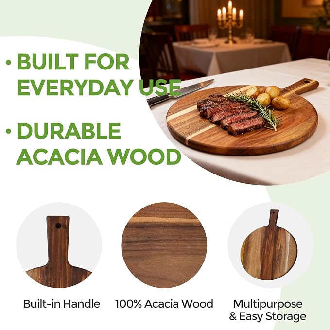 S310 Acacia Wood Round Cutting Board with Handle, Wooden Chopping Board for Meat, Cheese, Bread & Vegetables, Decorative Charcuterie Serving Board for Kitchen Cooking, Pizza & Party Dining, 17"x13"