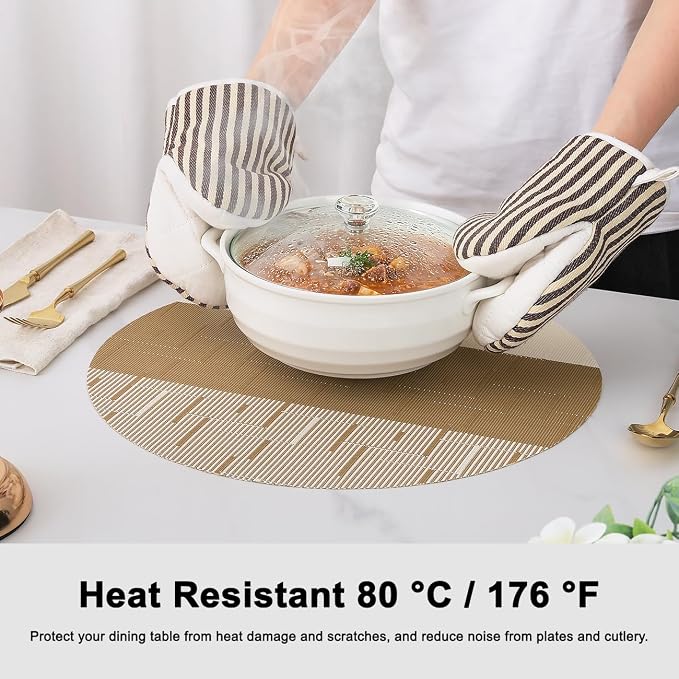 Round Placemats Set of 8, 15 Inch Woven Vinyl Heat Resistant Place Mats, Washable Non Slip PVC Table Mats for Kitchen Dining Party Outdoor Table Decor (Beige Light Brown, 8)