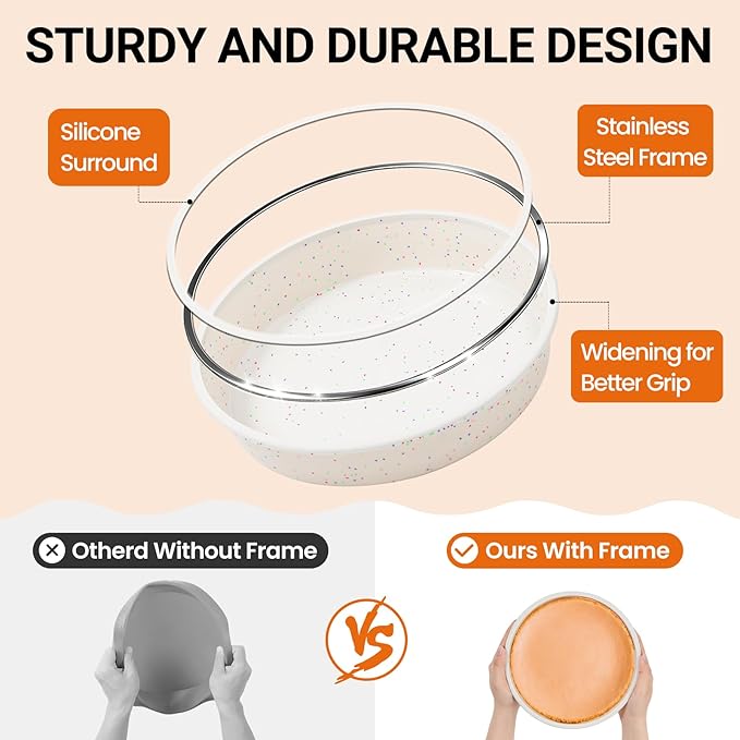 SJ 8 Inch Silicone Round Cake Pan with Metal Reinforced Frame Set of 3, Nonstick Silicone Cake Mold for Baking Suitable for Making Layers, Cheese & Chocolate Cakes