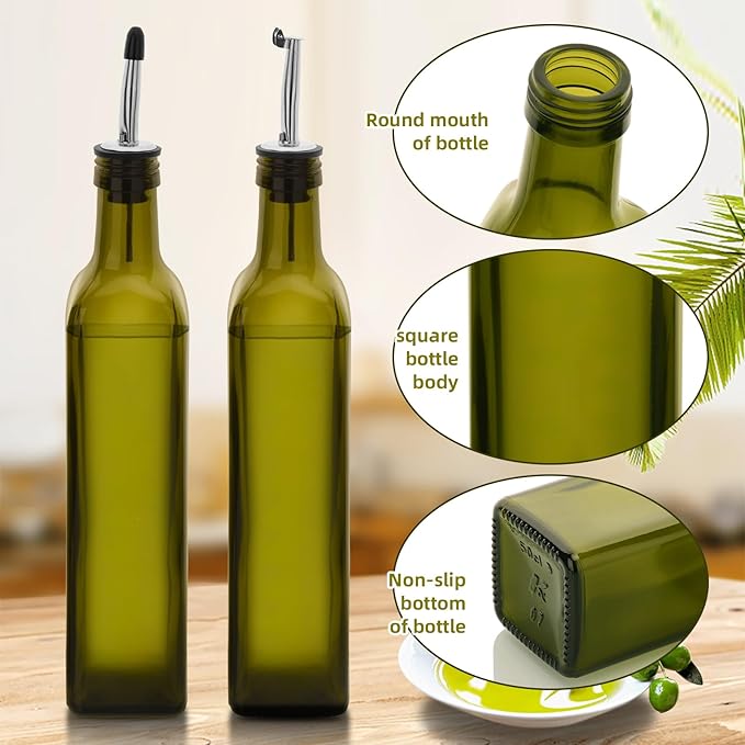 17oz 4 Pcs Olive Oil Dispenser Bottle,500ml Glass Oil and Vinegar Dispenser Set with 4 Stainless Steel Pourers, 8 Labels,Funnel Oil Bottles for Kitchen (Green)