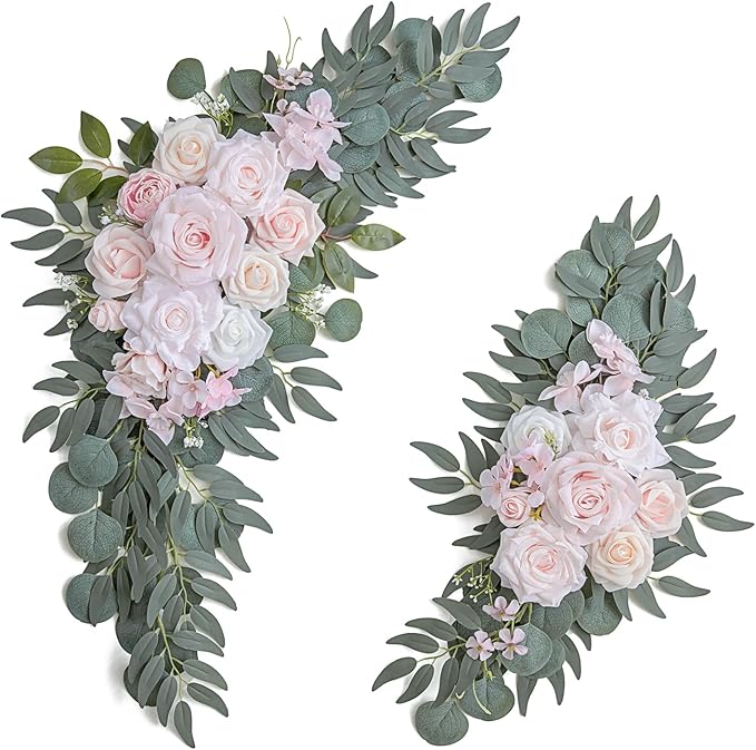 Olalaka Pink Wedding Arch Flowers Set of 2 for Wedding Welcome Signs, Artificial Wedding Flowers for Wedding Ceremony Outside(Pink & Ivory)