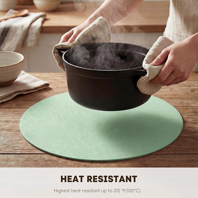 Artoid Mode Sage Faux Leather Placemats Set of 6, 15 Inch Waterproof Wipeable Heat Resistant Vinyl Place Mats, Reversible Table Mats for Spring Kitchen Dining Decor