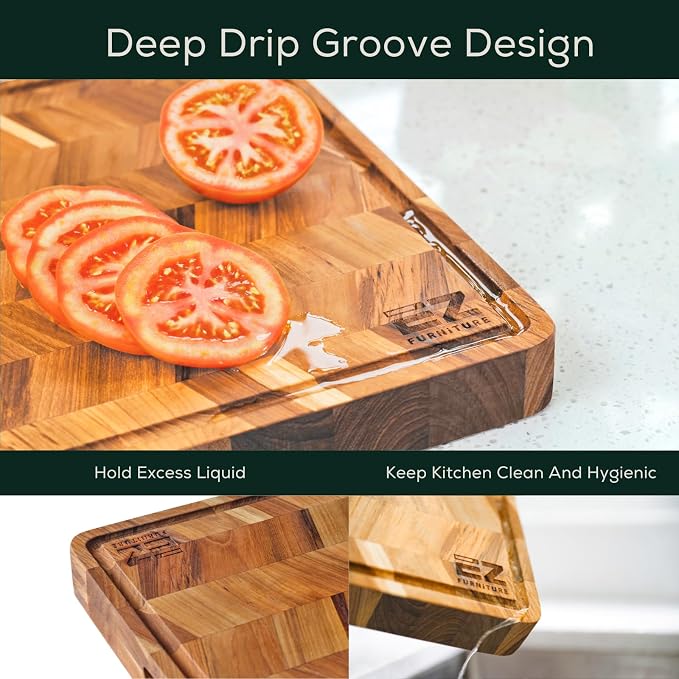 EZ FURNITURE Medium (M) Teak Edge Grain Cutting Board, Reversible, Knife-Friendly Charcuterie Wood Cutting Board, Juice Groove & Handles, Non-Toxic, Gift Box Included (Herringbone, 17" x 13" x 1.15")