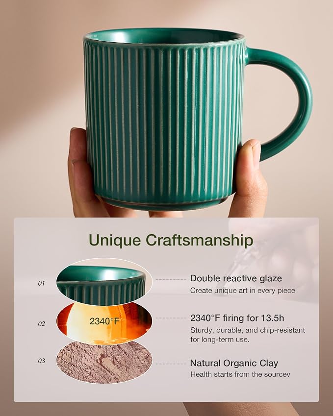 famiware Coffee Mug Set for 4, Star 12 oz Catering Mugs Cup Set with Handle for Coffee, Tea, Cocoa, Milk- Ceramic Stoneware Drinkware Set, Sage Green