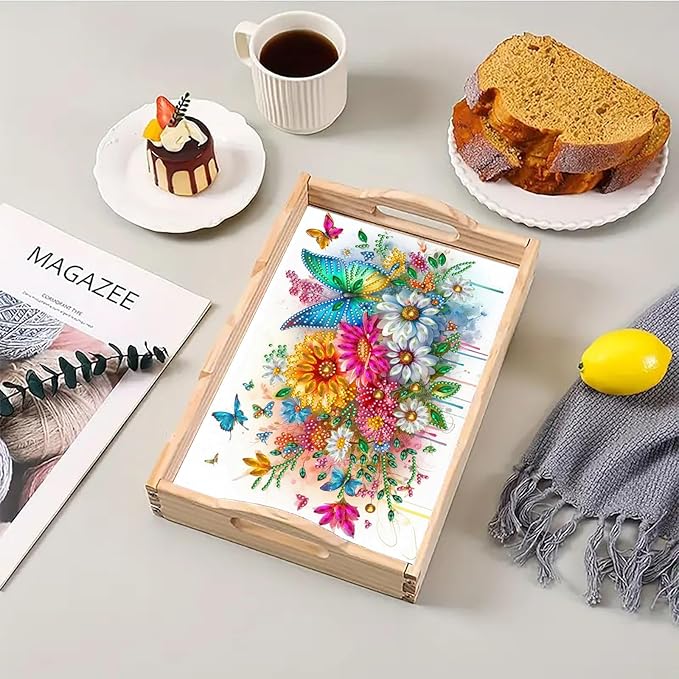 DIY Diamond Art Painting Serving Tray Creative Design Handmade Wooden Rectangular Snack Tray Dinner Plate Drill Craft for Coffee Living Room Home Organizer-Butterfly
