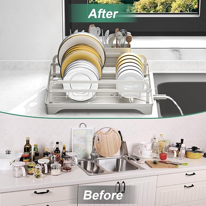 Dish Drying Rack,Dish Racks for Kitchen Counter,Metal Dish Drainer with Adjustable Drainage Spout,Removable Knife and Fork Holder (Grey)