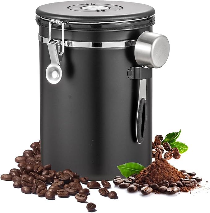 Airtight Coffee Container with Date Tracker & Spoon - Kitchen Storage Jar for Coffee Grounds, Cereal, Beans, Sugar (Black, 38OZ)