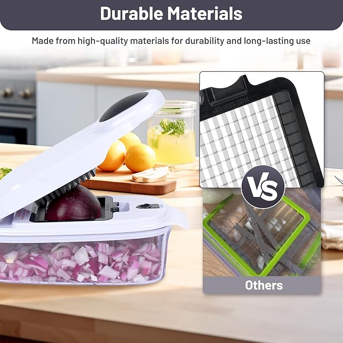 2-in-1 Vegetable Dicer, Onion Chopper with 6.7mm and 13.5mm Dicing Blades, 1.5L Food Prep Container for Salad, Potato, Tomato, Home Kitchen Meal Prep (White & Black)