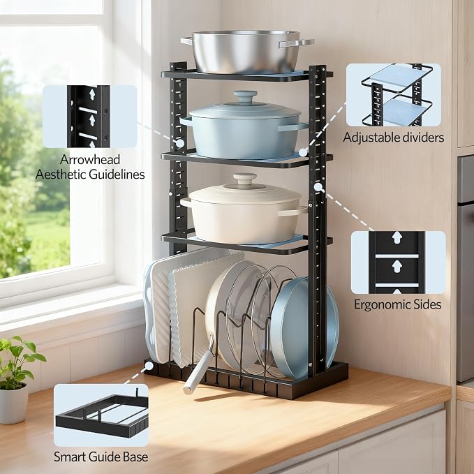 LAMU Pots and Pans Organizer for under Cabinet, Heavy-Duty Pot Pan Organizers inside Cabinet for Cast Iron Pan, 25.2" Adjustable Height for Pot Lid Holder Accommodates 9 Cookware, Black